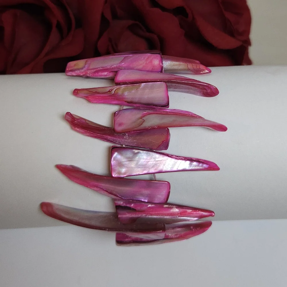 Pink Mother of Pearl Spikey Shell Stretch Bracelet HOT Pink Statement Bracelet